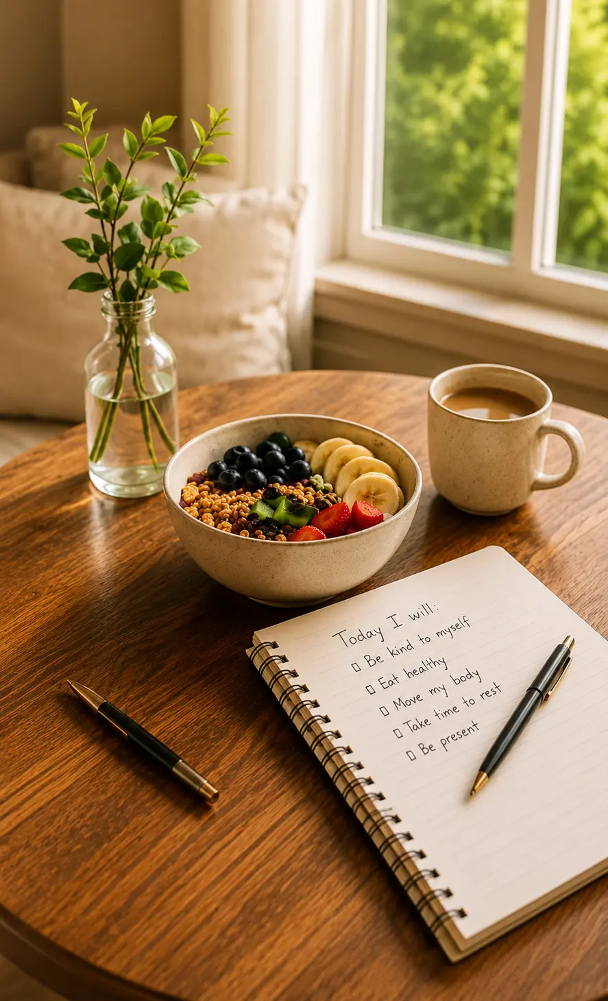 Healthy breakfast bowl, coffee and a handwritten daily intentions notebook on a wooden table