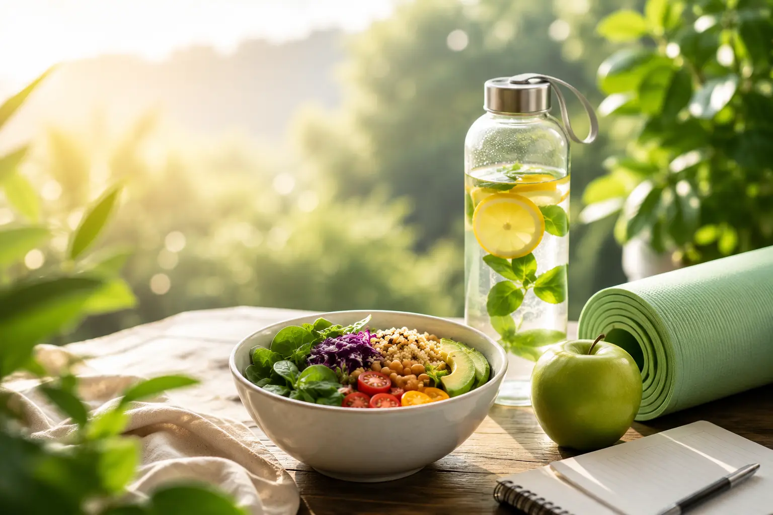 Fresh salad bowl, lemon water bottle, green apple and yoga mat in morning sunlight